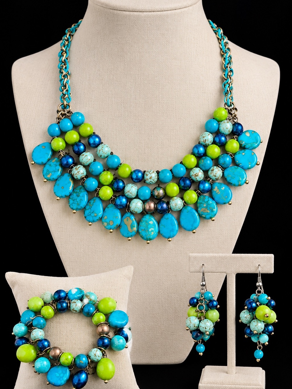 Versona Turquoise and Lime Layered Bead Necklace Set